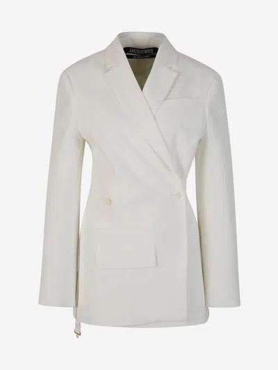 Shop Jacquemus Viscose Double Breasted Blazer In Ivory