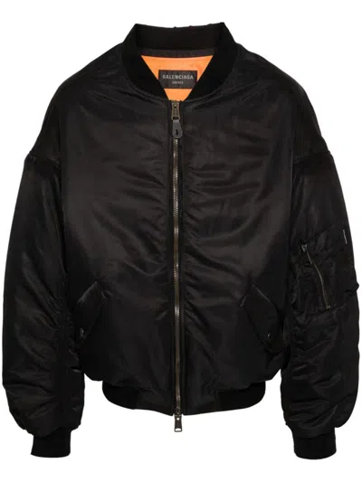 Shop Balenciaga Nylon Offshoulder Bomber Jacket In Black