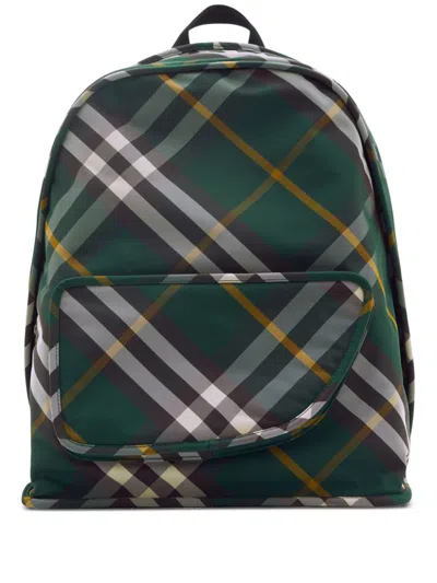 Burberry Check Pattern Shield Backpack With Front Zip In Green