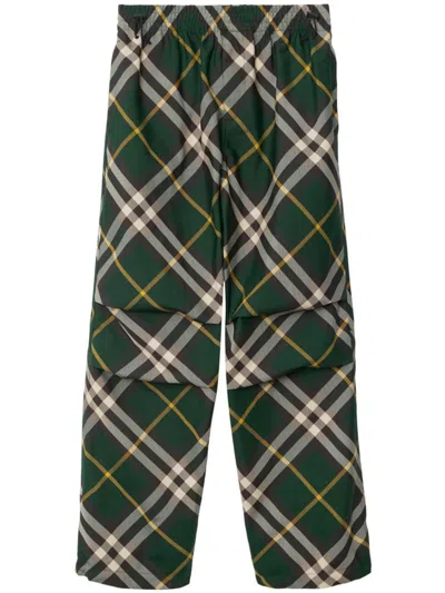 Shop Burberry Check Trousers In Green