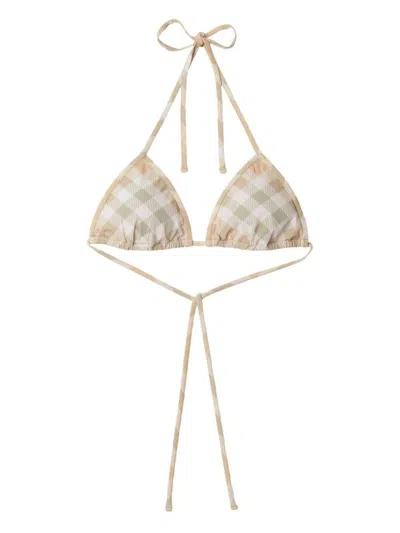 Shop Burberry Checked Triangle Bikini Top In Beige