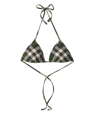 Shop Burberry Checked Triangle Bikini Top In Green