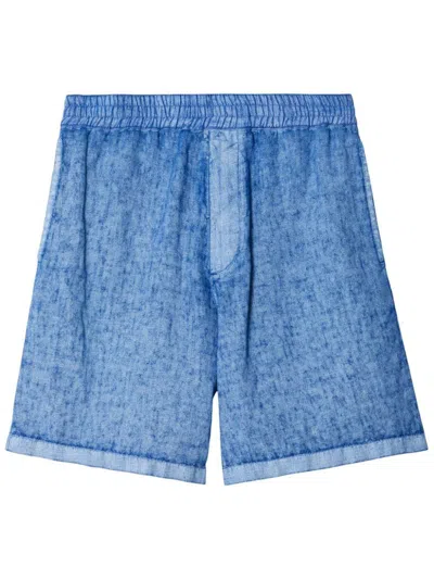 Shop Burberry Logo Linen Shorts In Blue