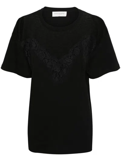 Shop Ermanno Firenze Lace-trim Crewneck T-shirt In Black