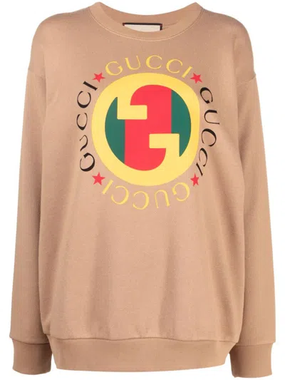 Shop Gucci Logo Cotton Sweatshirt In Camel