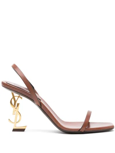 Shop Saint Laurent Opyum Leather Heel Sandals In Brown