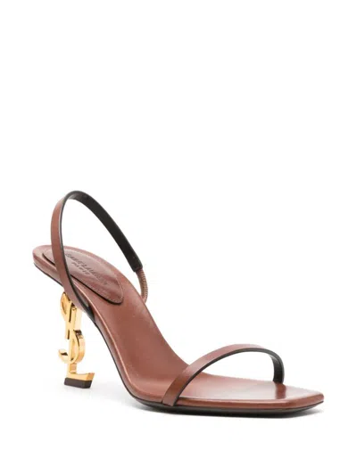 Shop Saint Laurent Opyum Leather Heel Sandals In Brown