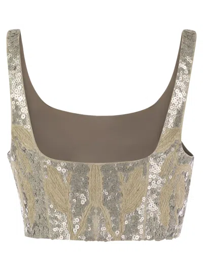 Shop Brunello Cucinelli Light Linen Crop Top With Embroidery In Natural