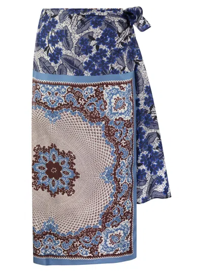 Shop Weekend Max Mara Nuevo Printed Silk Sarong Skirt In Bluette