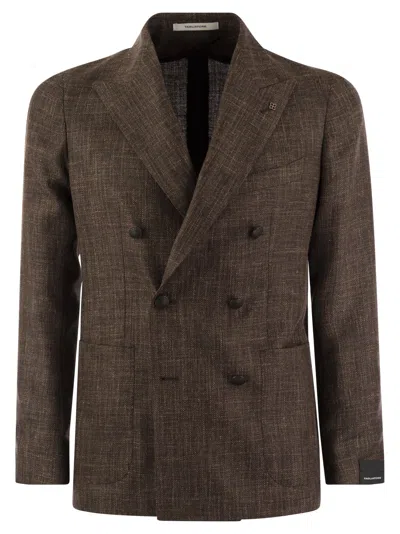 Shop Tagliatore Double Breasted Jacket In Wool, Silk And Linen In Brown