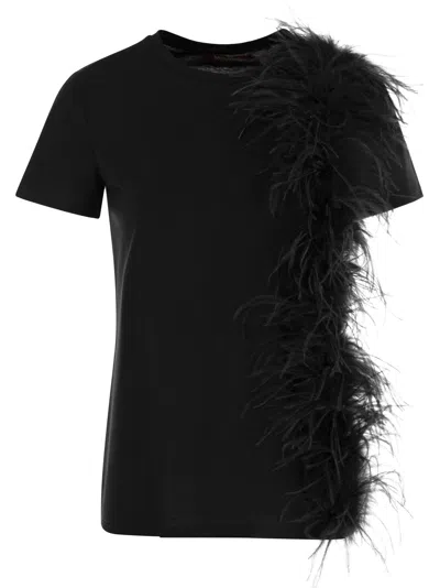 Shop Max Mara Studio Lappole Jersey T Shirt With Feathers In Black
