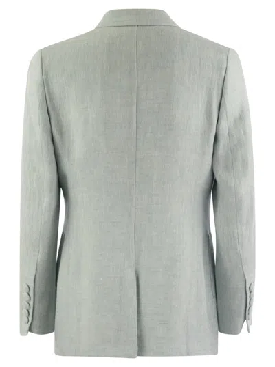 Shop Saulina Assunta Double Breasted Linen Jacket In Light Blue