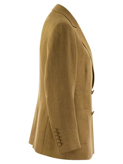 Shop Saulina Assunta Double Breasted Linen Jacket In Cognac