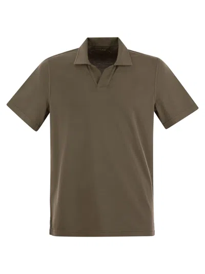 Shop Fedeli Cotton Polo Shirt With Open Collar In Brown