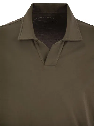 Fedeli Cotton Polo Shirt With Open Collar In Brown