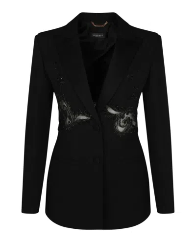 Shop Versace Embroidered Silk Blend Blazer In Black