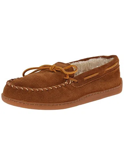 Shop Minnetonka Pile Lined Hardsole Mens Suede Faux Fur Lined Moccasin Slippers In Brown