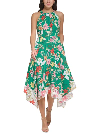 Shop Vince Camuto Petites Womens Floral Print Tea Length Halter Dress In Green