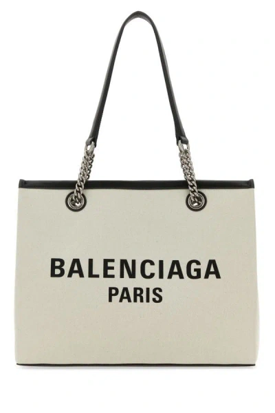 Shop Balenciaga Woman Ivory Canvas M Duty Free Shopping Bag In White