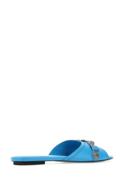 Shop Balenciaga Woman Turquoise Leather Cagole Slippers In Blue