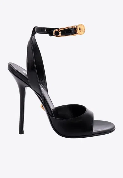Shop Versace 125 Safety-pin Patent Leather Sandals In Black