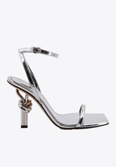 Shop Bottega Veneta 90 Knot-heel Laminated Leather Sandals In Silver