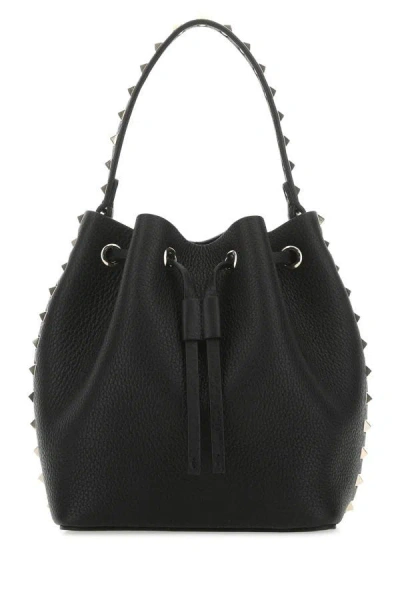 Shop Valentino Garavani Woman Black Leather Rockstud Bucket Bag