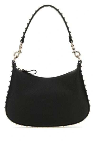 Shop Valentino Garavani Woman Black Leather Small Hobo Rockstud Shoulder Bag
