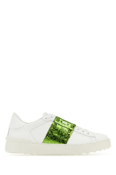 Shop Valentino Garavani Woman White Leather Rockstud Untitled Sneakers With Grass Green Band