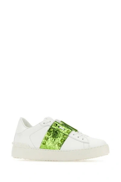 Shop Valentino Garavani Woman White Leather Rockstud Untitled Sneakers With Grass Green Band