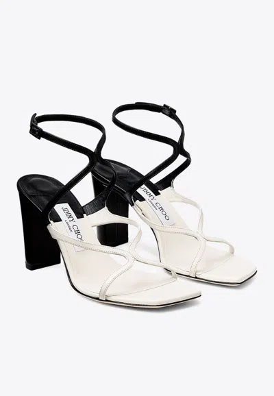Jimmy Choo Logo Logo Thick Heeled High Heeled Sandals In Monochrome