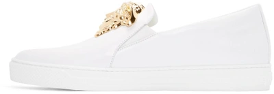 Shop Versace White Leather Medusa Slip-on Sneakers