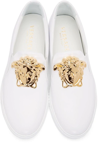 Shop Versace White Leather Medusa Slip-on Sneakers