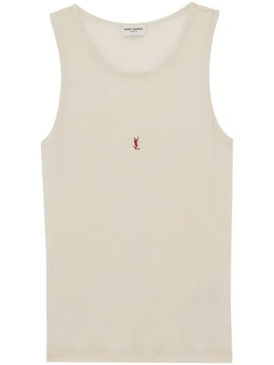 Shop Saint Laurent Cotton And Wool Blend Sleeveless Top In Beige
