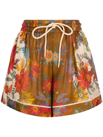 Shop Zimmermann Floral Print Silk Shorts In Brown