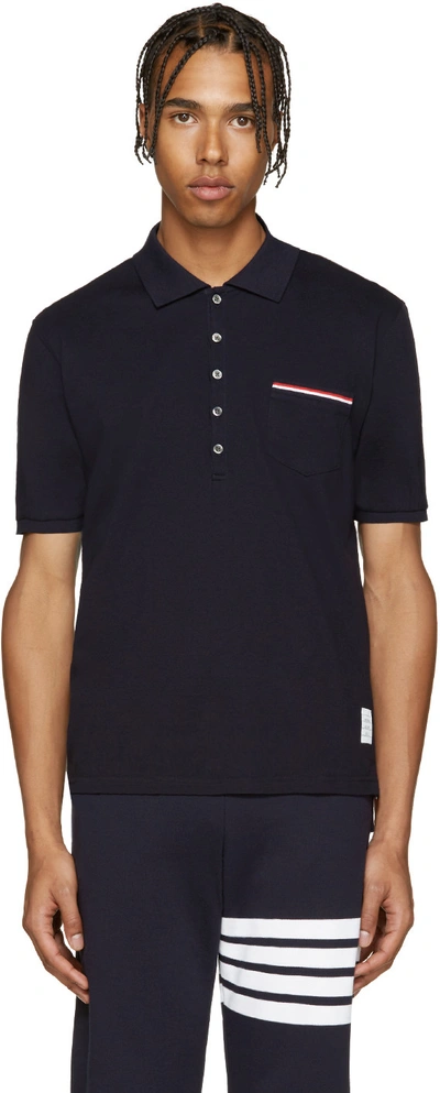 Thom Browne Stripe-detailed Cotton-piqué Polo Shirt In Navy