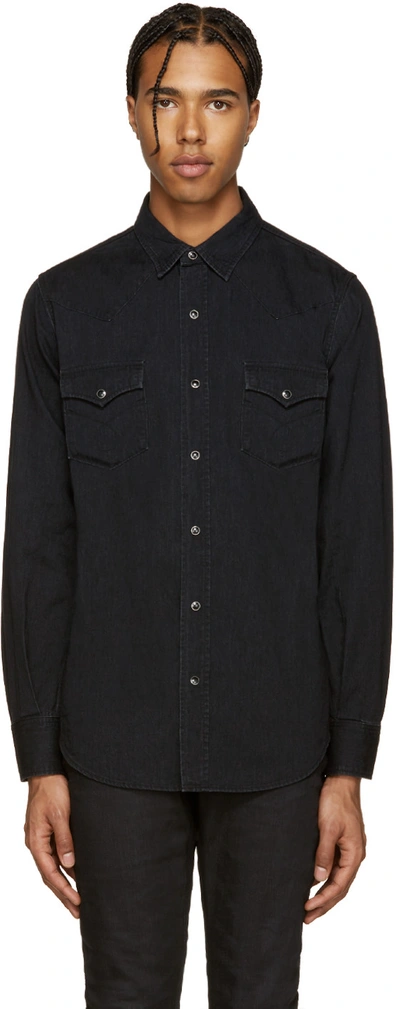 Saint Laurent Classic Western Shirt In Used Black Denim In 1080 Used Black