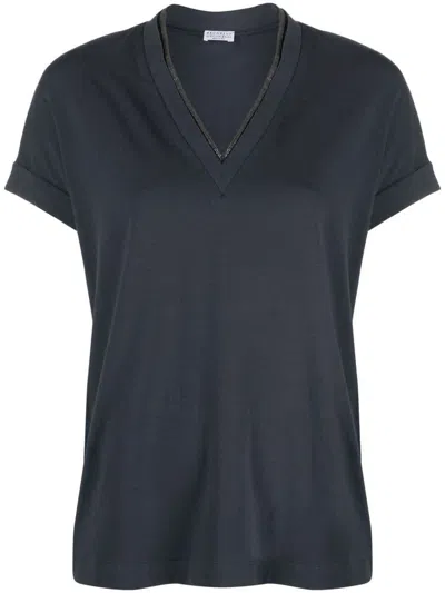 Shop Brunello Cucinelli Contrast-trim Cotton T-shirt In Blue