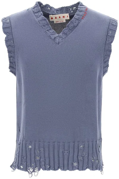 Shop Marni Destroyed-effect Vest In Cotton In Blue