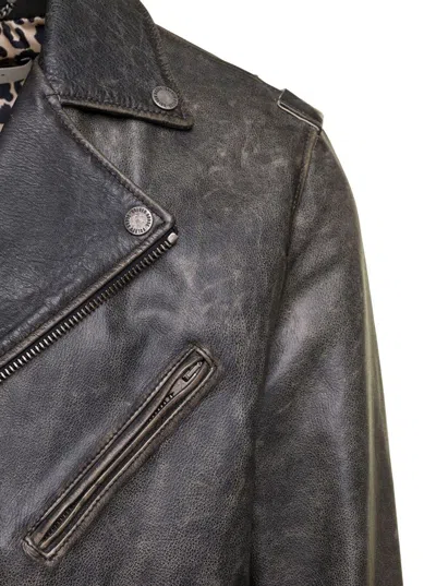 Shop Golden Goose Black Biker Jacket With Leopard Lining Leather Man