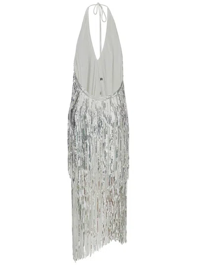 Shop Rotate Birger Christensen Midi Silver Dress With Fringes And Paillettes In Stretch Fabric Woman In Grey