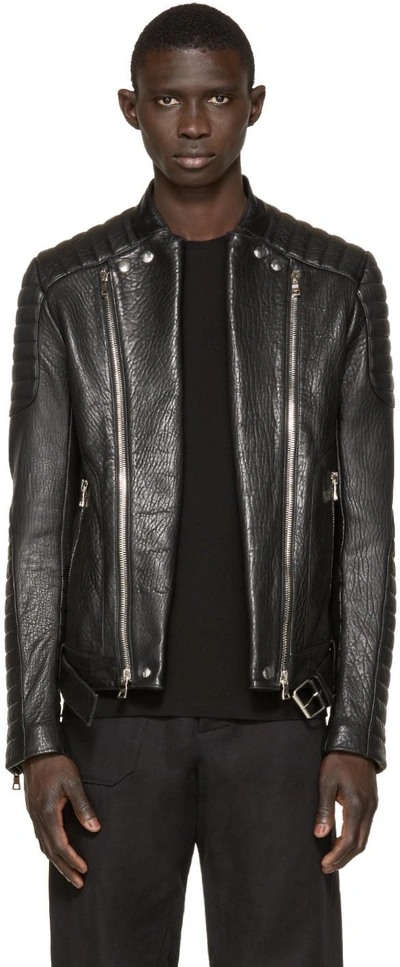 Balmain Biker Collarless Grained-leather Jacket In Black | ModeSens