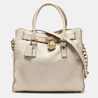 Shop Michael Michael Kors Light Beige Leather Large Hamilton North South Tote In White