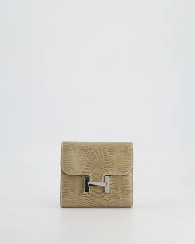 Shop Hermes Constance Wallet In Ficelle With Shiny Varanus Niloticus Lizard And Palladium Hardware In Beige