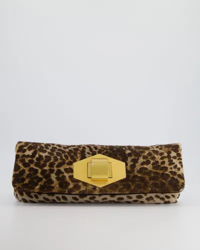 Shop Lanvin Leopard Print Calfskin Clutch Bag With Large Gold Clasp Detail In Brown