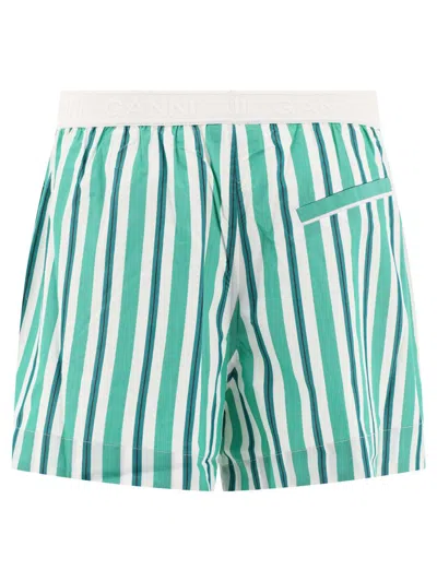 Shop Ganni Striped Elasticated Shorts In Green