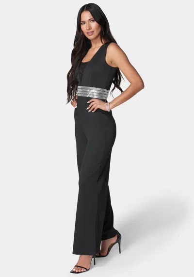Bebe Embellished Wide Leg Jumpsuit In Black,blue