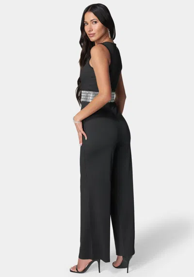 Bebe Embellished Wide Leg Jumpsuit In Black,blue