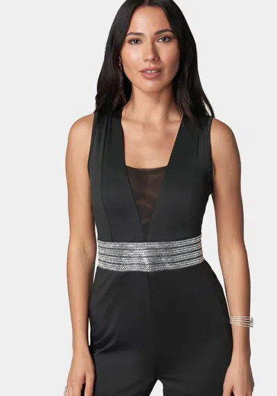 Bebe Embellished Wide Leg Jumpsuit In Black,blue