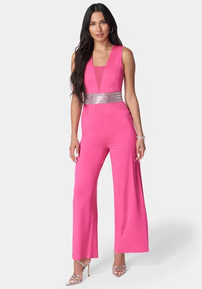 Shop Bebe Embellished Wide Leg Jumpsuit In Fuchsia Pink
